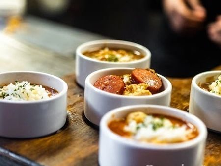 Sampler cups of gumbo, étouffée, jambalaya and red beans