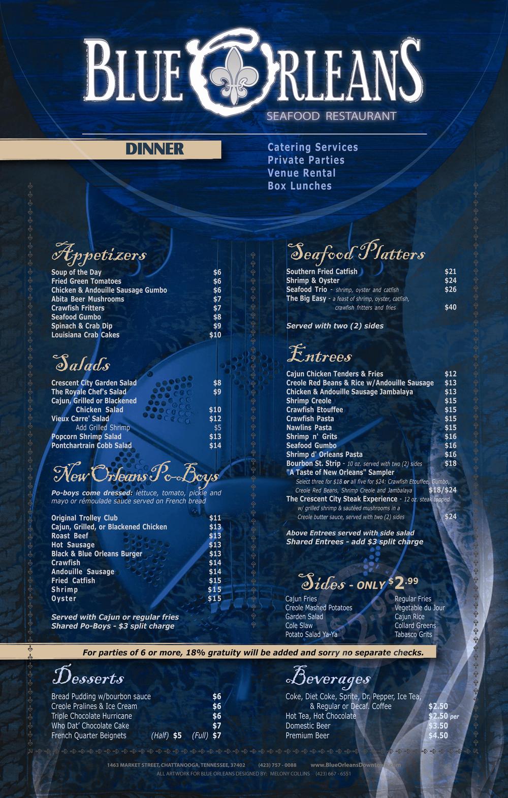 Blue Orleans printed dinner menu from 2009 listing appetizers, seafood platters, po-boys and entrées